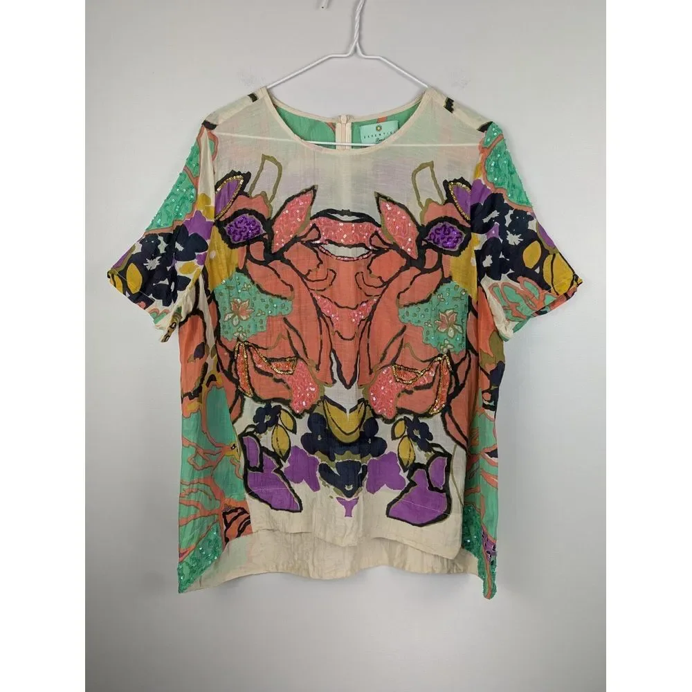 Essentiel Beach Women's Silk Blend Top EU42 Large‎ Floral Tan Shirt Sequence - Picture 2 of 11